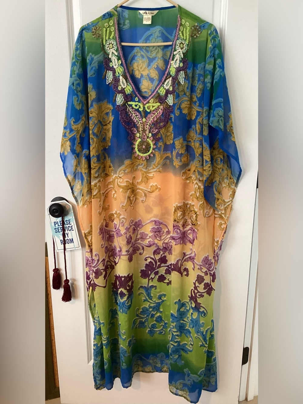 Lucky & Coco Embellished Luxury Caftan Dress Size S - Vibrant Floral Resortwear